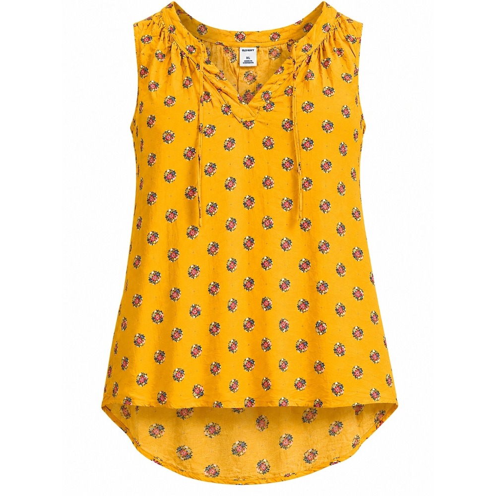 Old Navy Womens XL Mustard Yellow Floral Split Neck Tie Sleeveless Blouse Top